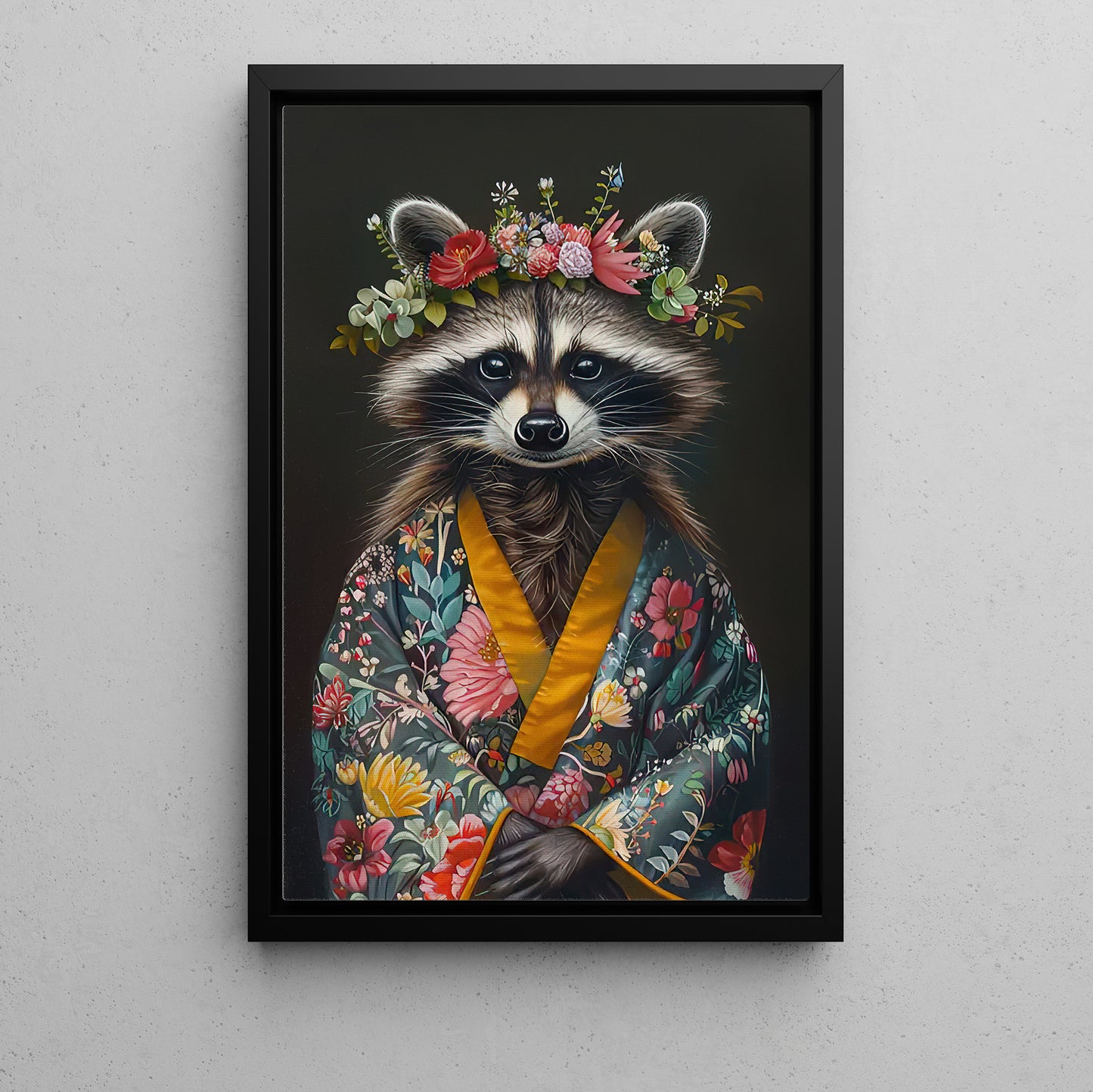 A Raccoon's Blossom Portrait, Floral Victorian Raccoon Canvas Painting, Victorian Animal Wall Art Decor, Poster Gift For Raccoon Lovers