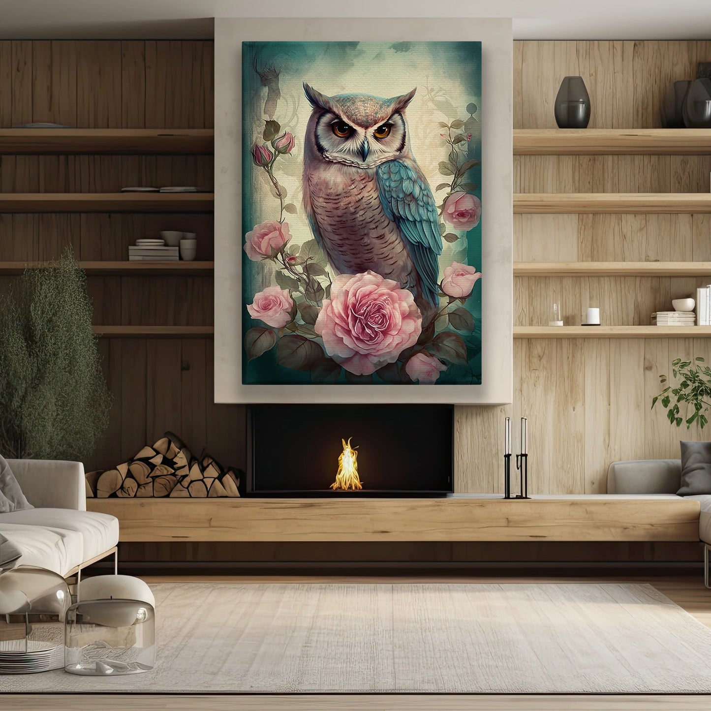 The Majestic Owl Amongst The Roses, Owl Canvas Painting, Wall Art Decor - Poster Gift For Owl Lovers