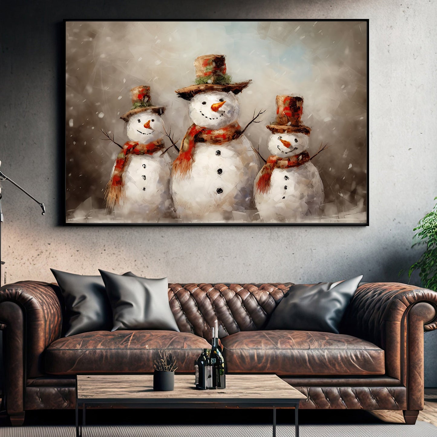 Frosty Trio's Winter Cheer, Christmas Canvas Painting, Xmas Wall Art Decor - Christmas Poster Gift For Snowman Lovers