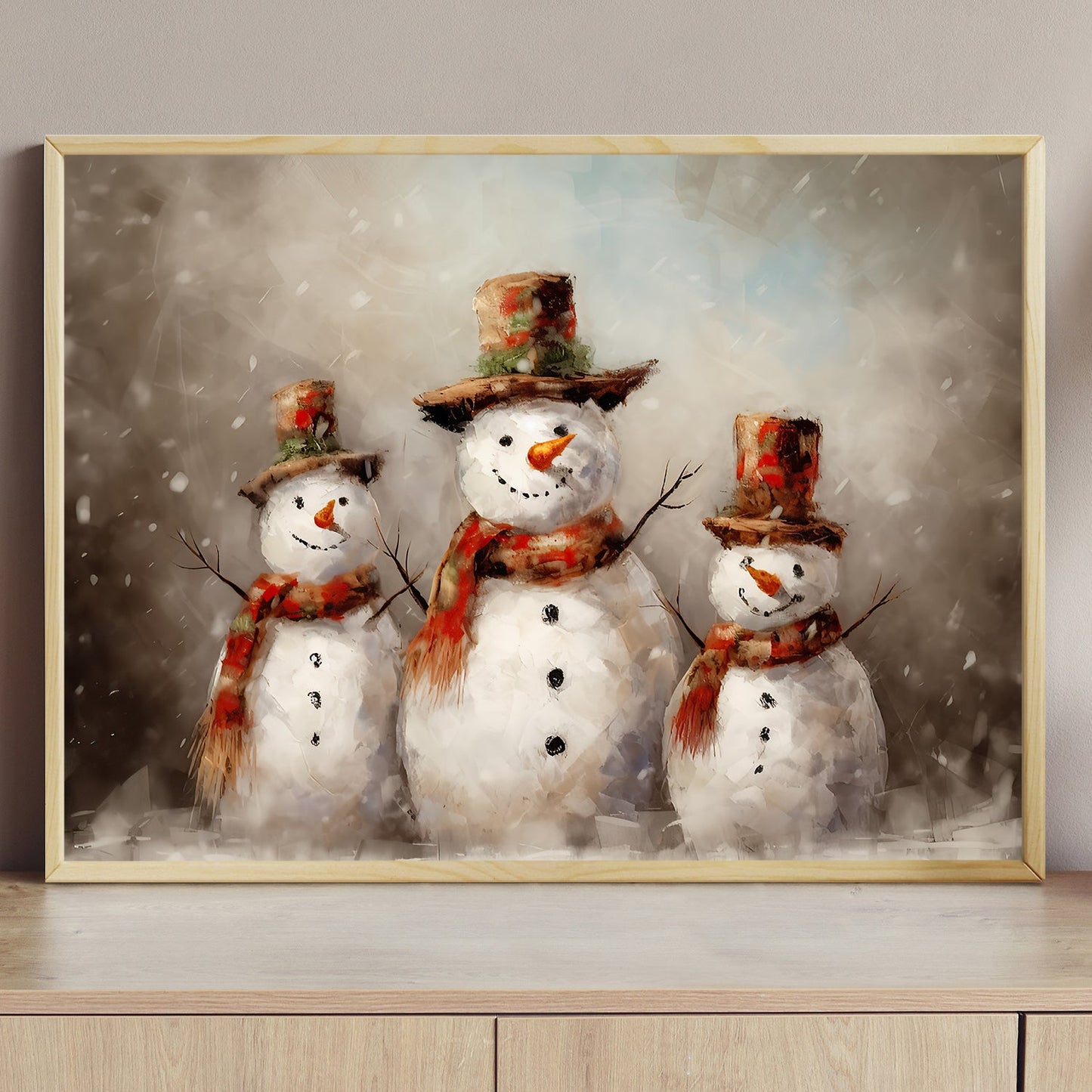 Frosty Trio's Winter Cheer, Christmas Canvas Painting, Xmas Wall Art Decor - Christmas Poster Gift For Snowman Lovers