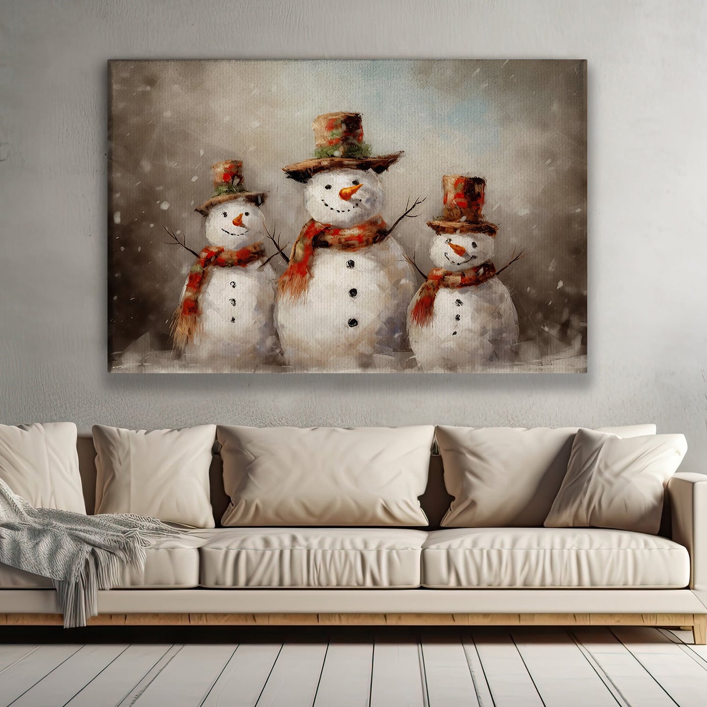 Frosty Trio's Winter Cheer, Christmas Canvas Painting, Xmas Wall Art Decor - Christmas Poster Gift For Snowman Lovers