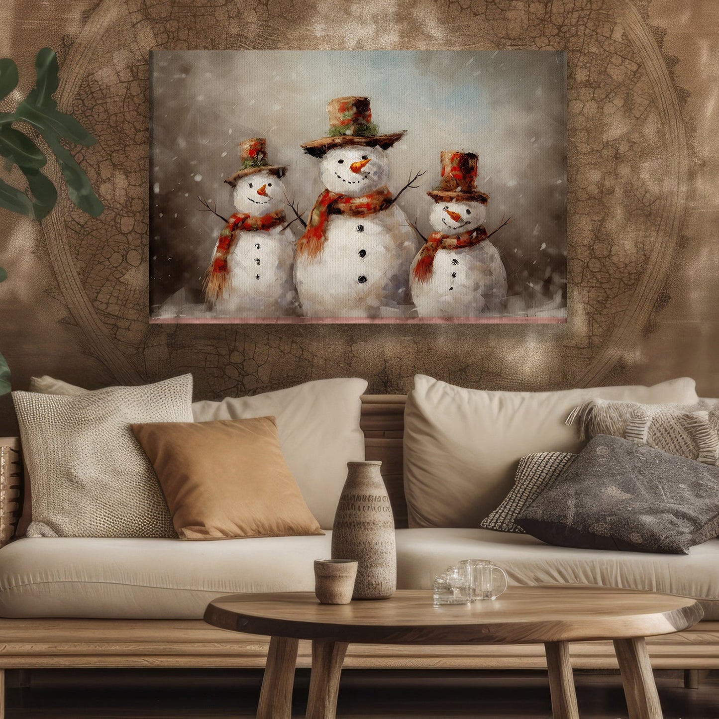 Frosty Trio's Winter Cheer, Christmas Canvas Painting, Xmas Wall Art Decor - Christmas Poster Gift For Snowman Lovers