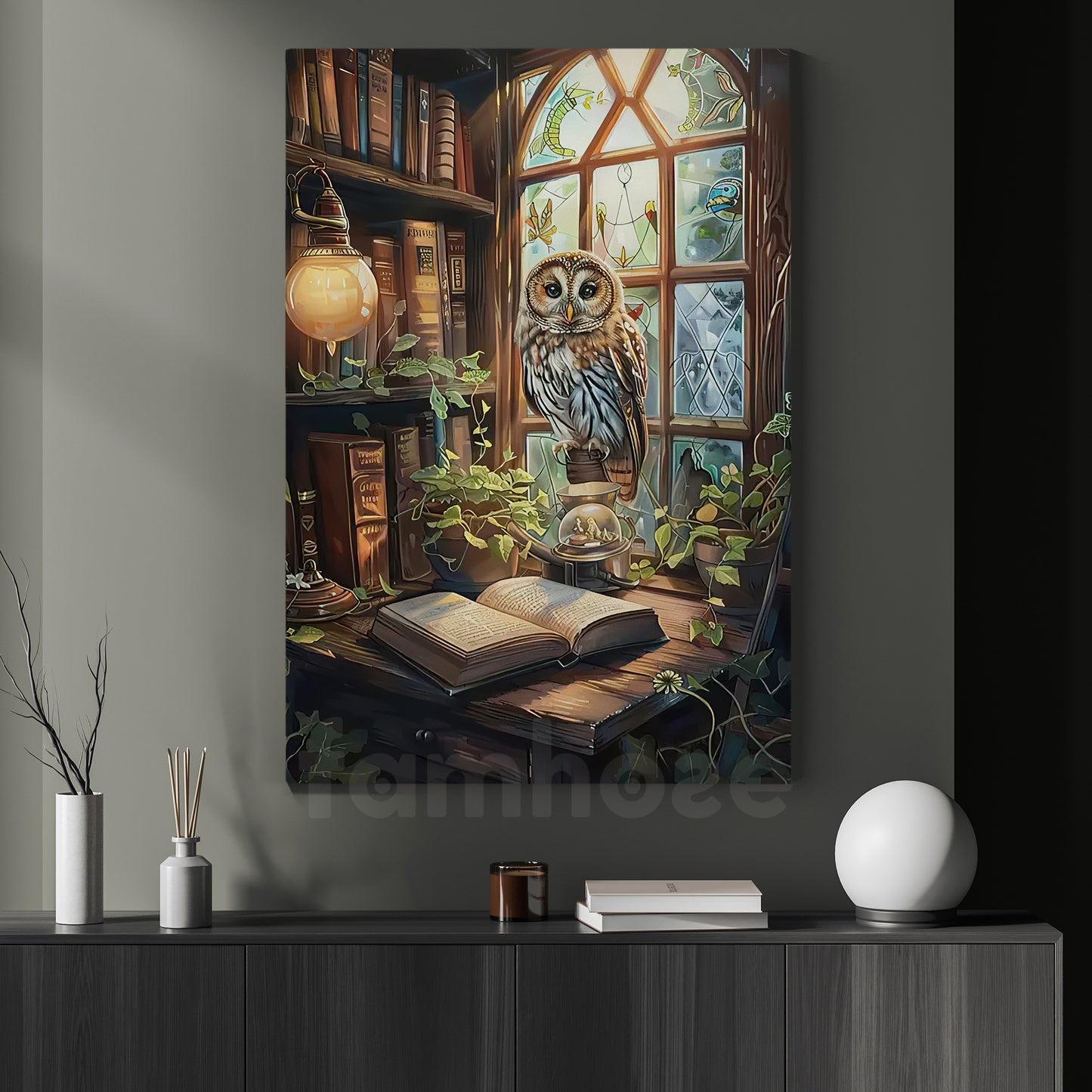 Vintage Owl And Books Canvas Painting, Cottage Owl Wall Art Decor, Poster Gift For Owl Lovers