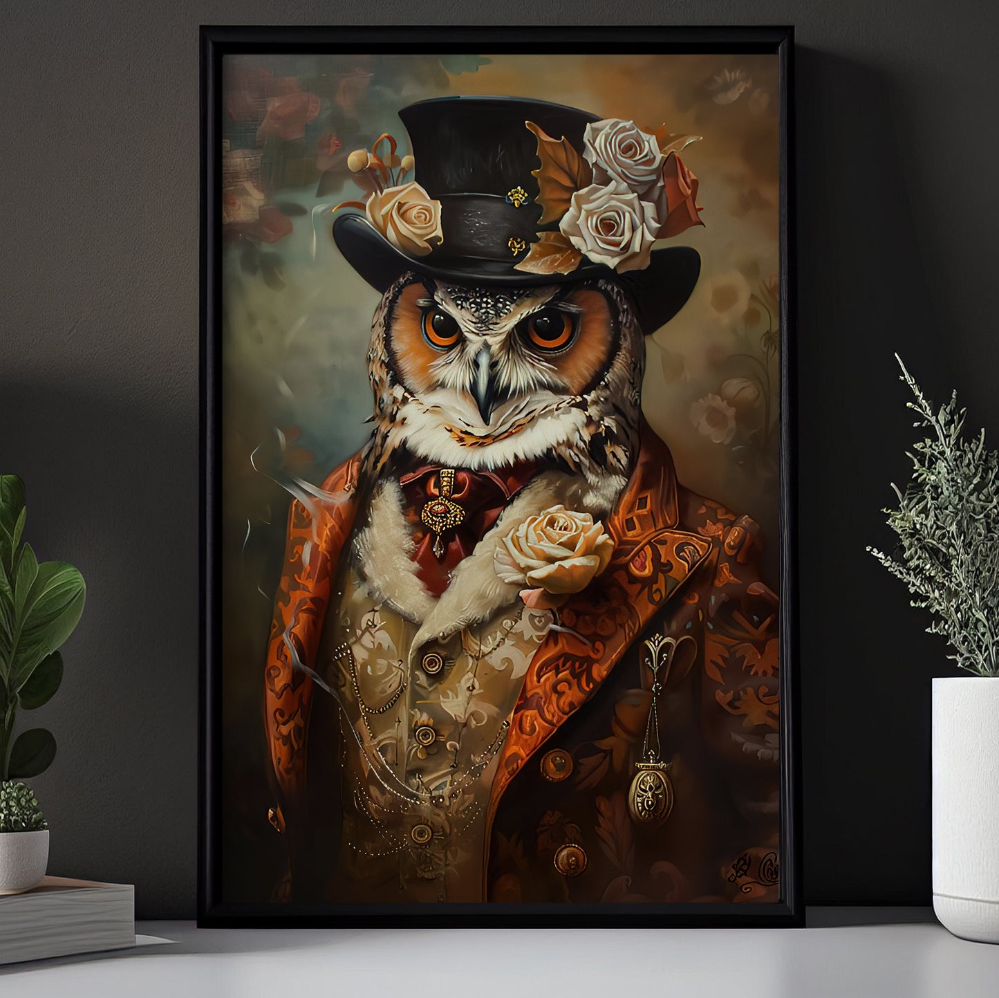 An Owl’s Grandeur, Victorian Owl Canvas Painting, Victorian Animal Wall Art Decor, Poster Gift For Owl Lovers