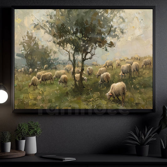 Interesting Sheep Canvas Painting, Grazing in the Green Wall Art Decor, Xmas Poster Gift For Sheep Lovers