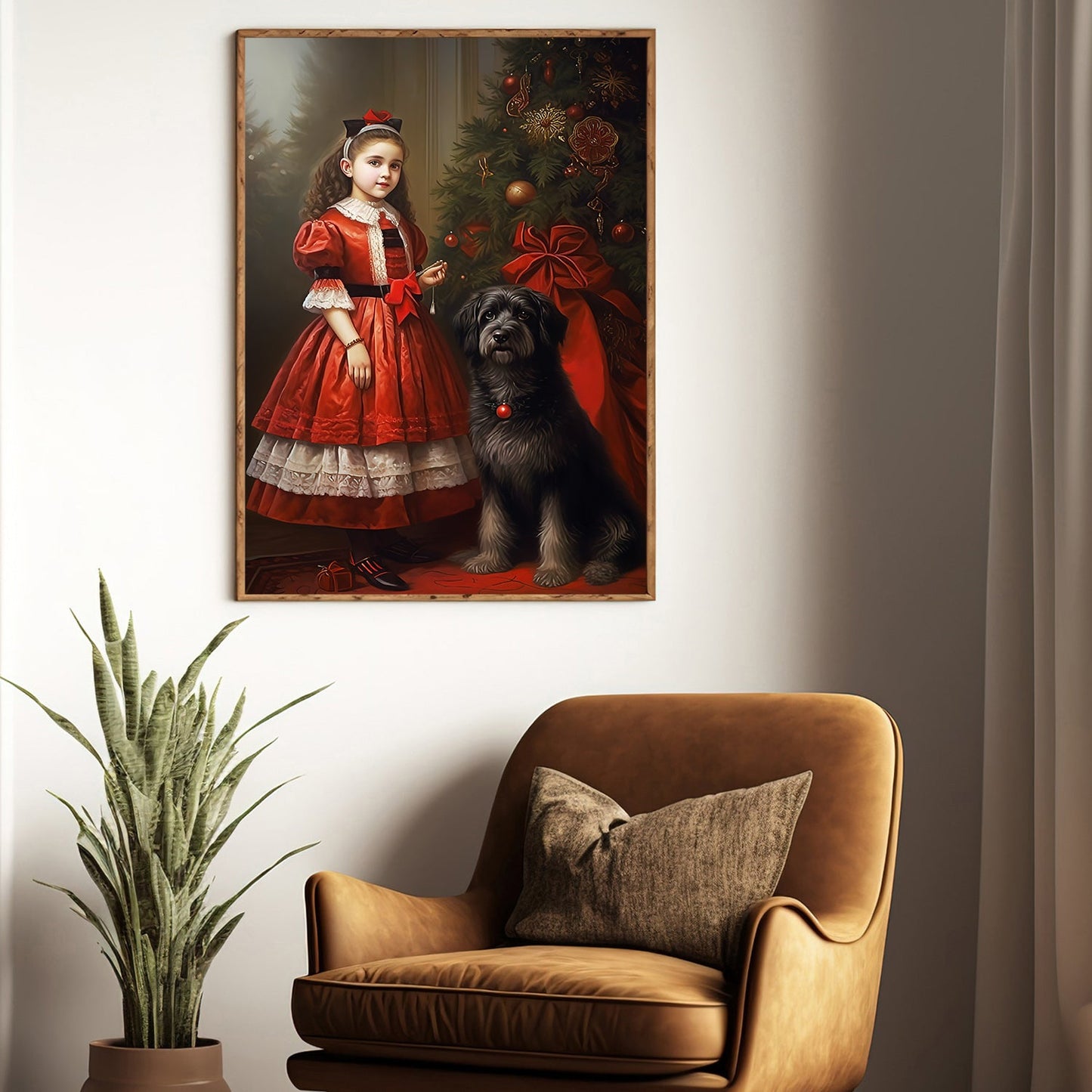 A Girl And Her Dog at Christmas, Dog Canvas Painting, Xmas Wall Art Decor - Christmas Poster Gift