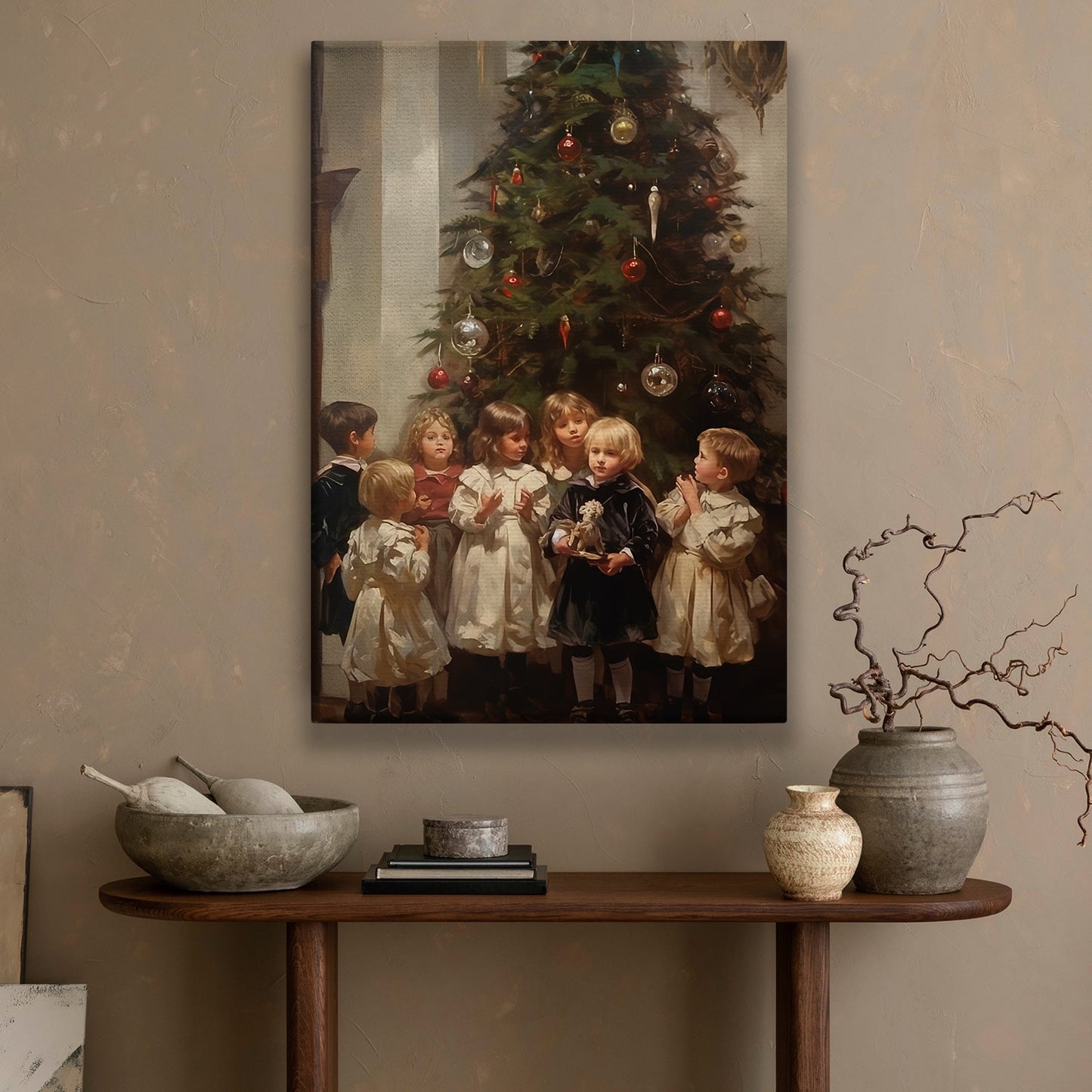 Children's Enchantment by the Christmas Tree, Baby Christmas Canvas Painting, Wall Art Decor - Christmas Poster Gift