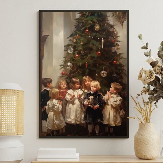 Children's Enchantment by the Christmas Tree, Baby Christmas Canvas Painting, Wall Art Decor - Christmas Poster Gift