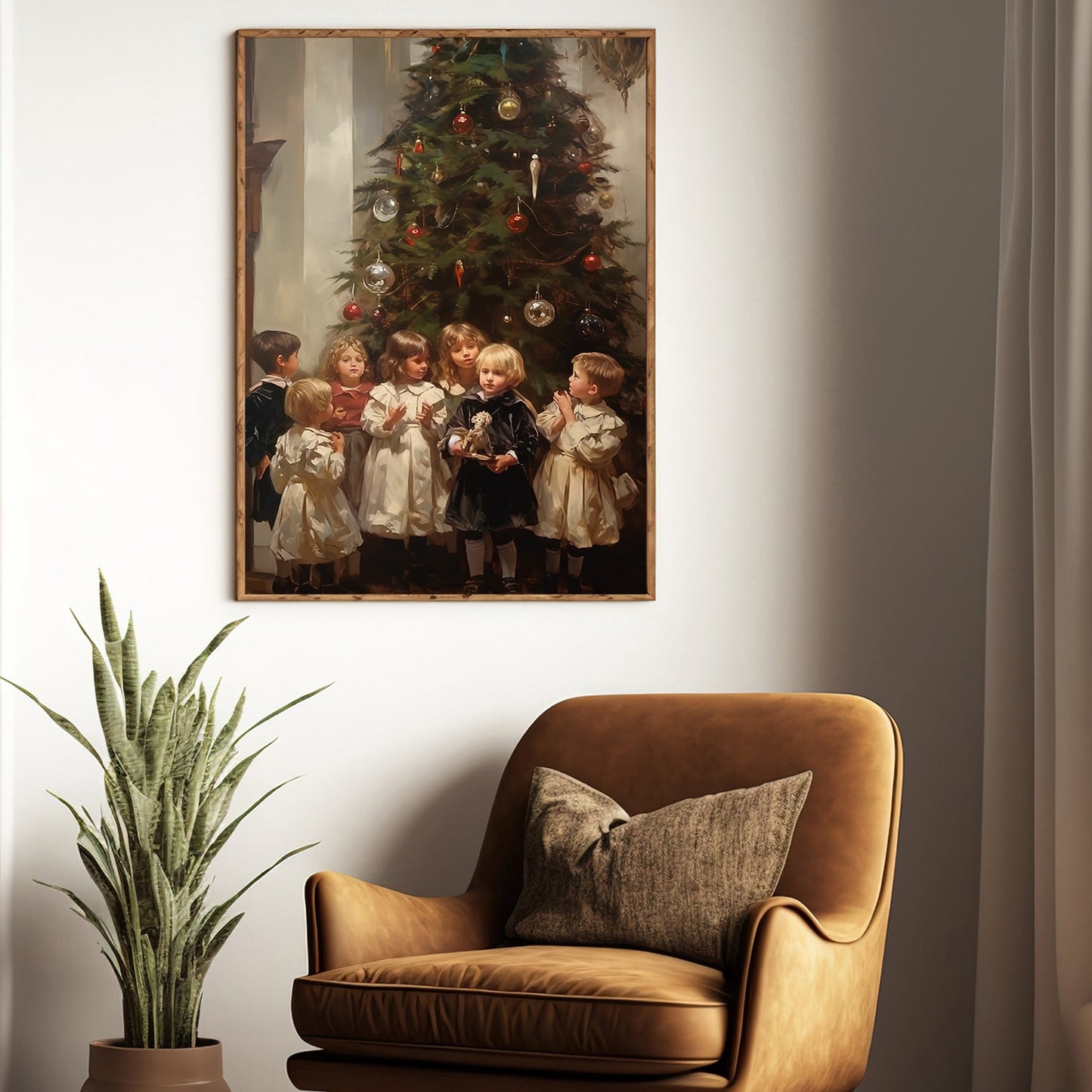 Children's Enchantment by the Christmas Tree, Baby Christmas Canvas Painting, Wall Art Decor - Christmas Poster Gift