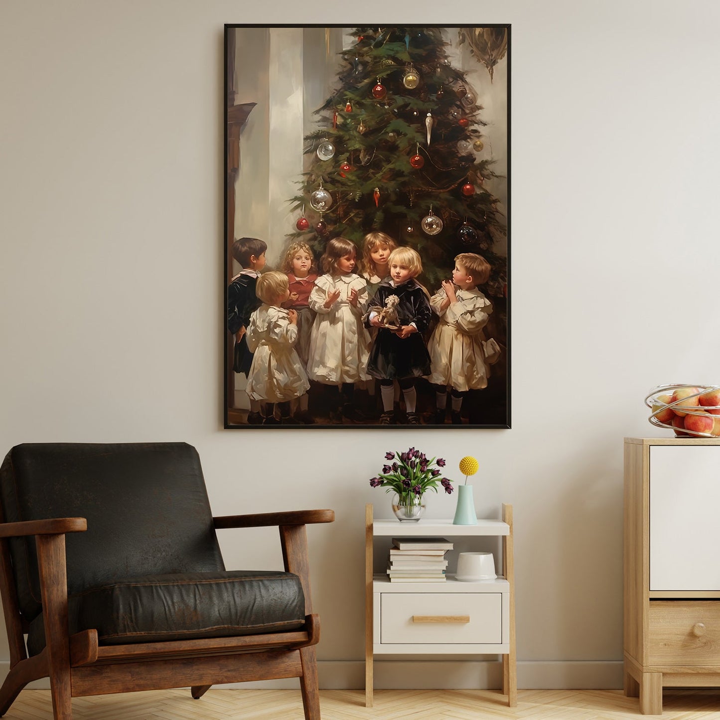 Children's Enchantment by the Christmas Tree, Baby Christmas Canvas Painting, Wall Art Decor - Christmas Poster Gift