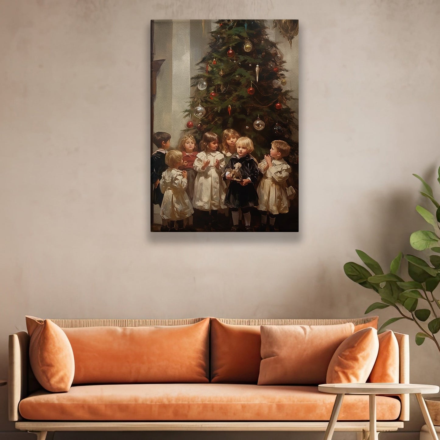 Children's Enchantment by the Christmas Tree, Baby Christmas Canvas Painting, Wall Art Decor - Christmas Poster Gift