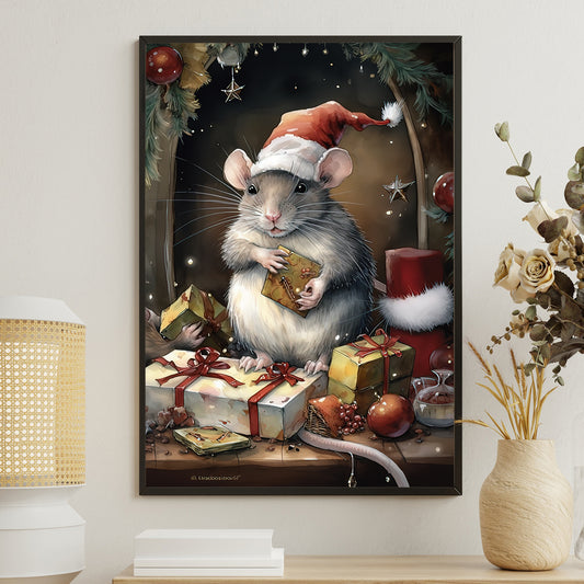 The Christmas Rat's Gift, Mouse Canvas Painting, Wall Art Decor - Poster Gift For Mouse Lovers