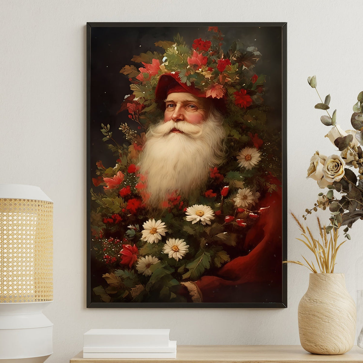 Santa With Roses Santa Claus Amidst Festive Flora, Santa Claus Canvas Painting, Xmas Wa ...