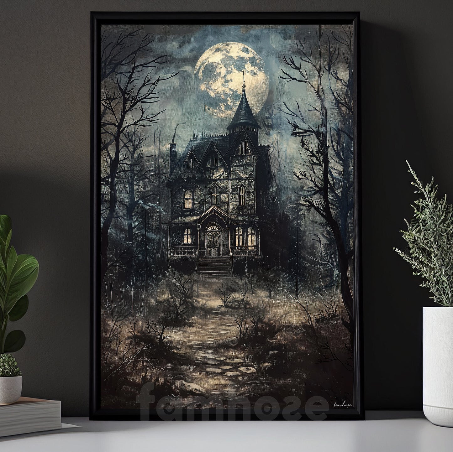 Gothic Halloween Haunted House Canvas Painting, Where Every Window Holds A Secret Wall Art Decor, Spooky Season Poster Gift To Decor House Or Office