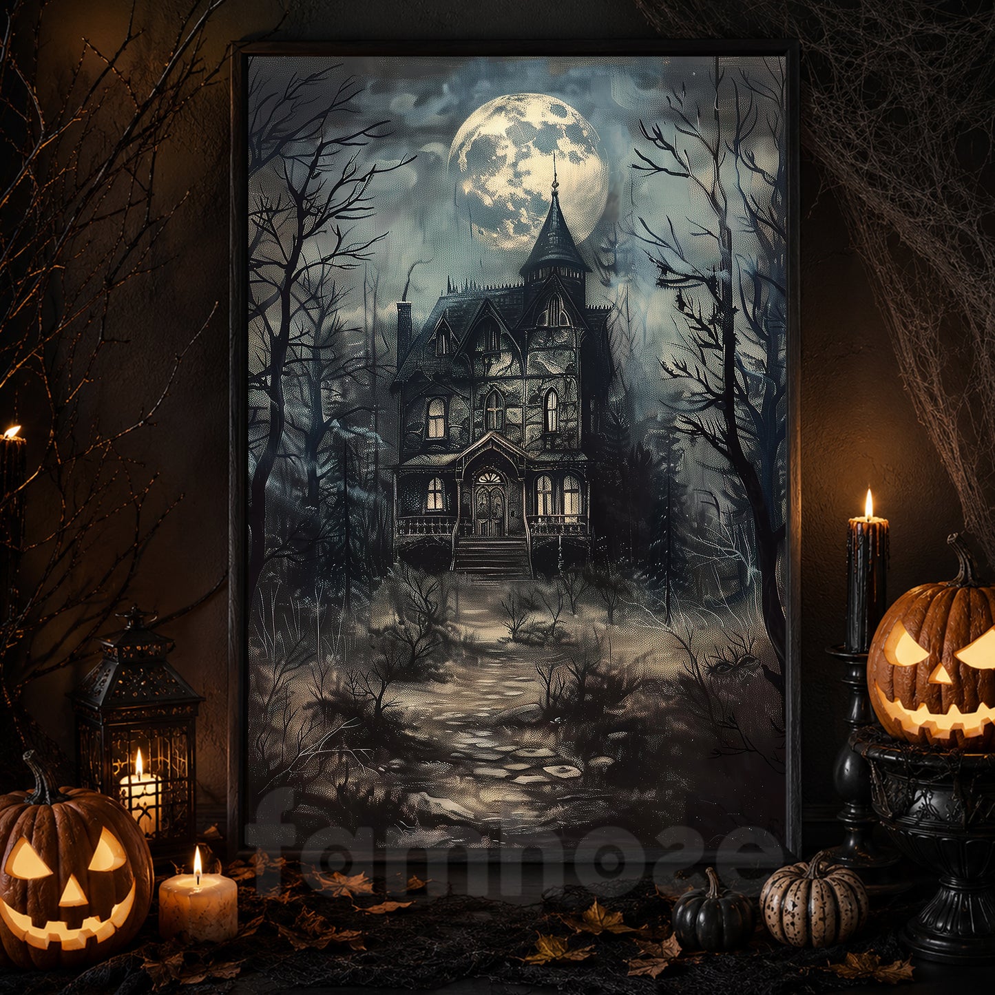Gothic Halloween Haunted House Canvas Painting, Where Every Window Holds A Secret Wall Art Decor, Spooky Season Poster Gift To Decor House Or Office