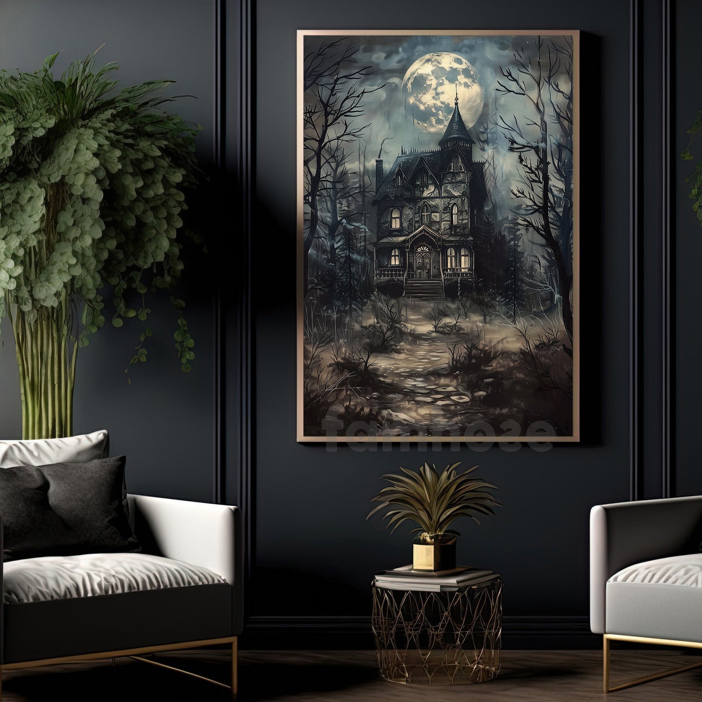 Gothic Halloween Haunted House Canvas Painting, Where Every Window Holds A Secret Wall Art Decor, Spooky Season Poster Gift To Decor House Or Office