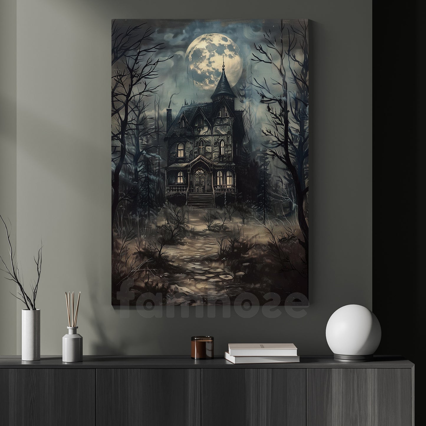 Gothic Halloween Haunted House Canvas Painting, Where Every Window Holds A Secret Wall Art Decor, Spooky Season Poster Gift To Decor House Or Office
