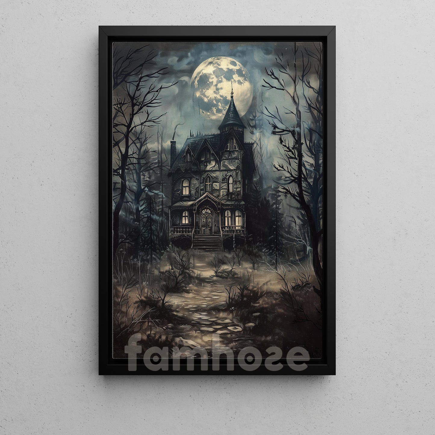 Gothic Halloween Haunted House Canvas Painting, Where Every Window Holds A Secret Wall Art Decor, Spooky Season Poster Gift To Decor House Or Office