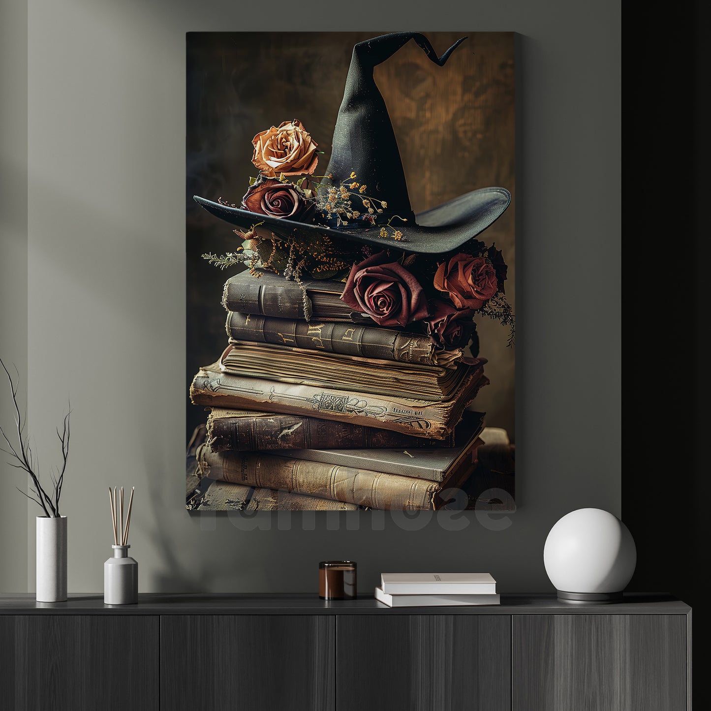 Witch Hat & Magic Books Canvas Painting, Where Every Spell Begins Spooky Season Wall Art Decor, Halloween Poster Gift For Book Lovers