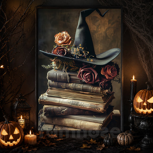 Witch Hat & Magic Books Canvas Painting, Where Every Spell Begins Spooky Season Wall Art Decor, Halloween Poster Gift For Book Lovers