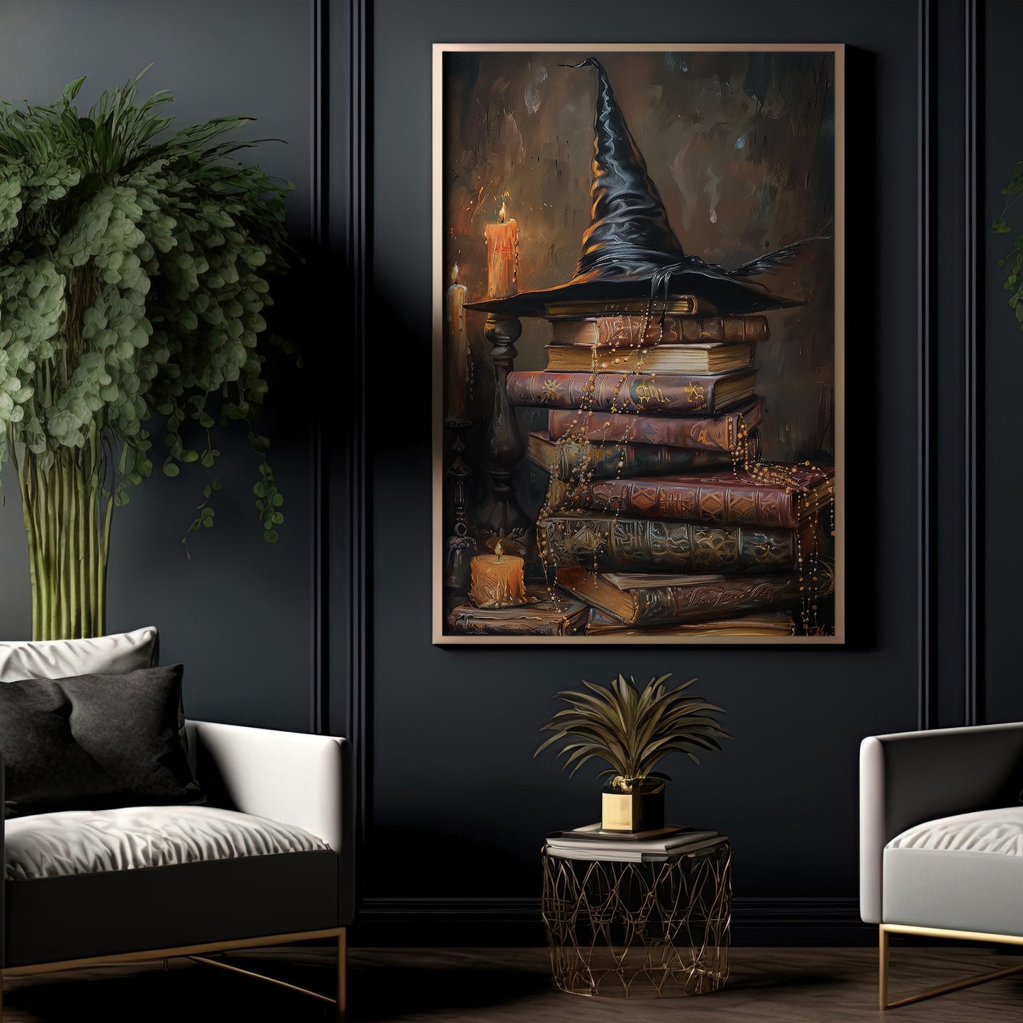 The Witch's Library, Witches Canvas Painting, Spooky Season Wall Art Decor, Halloween Poster Gift For Witch And Book Lovers