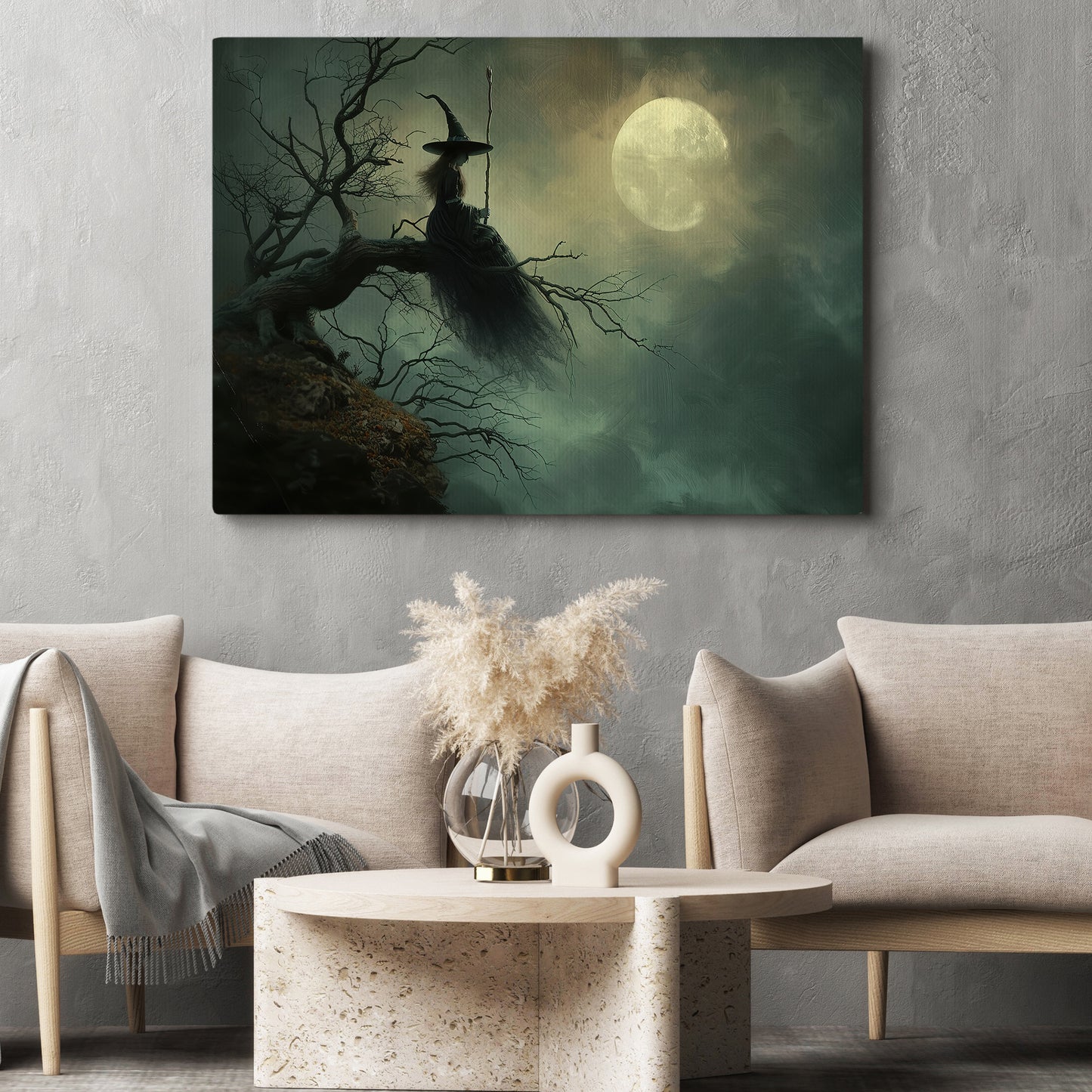 Moonlit Silence, Witch Canvas Painting, Spooky Season Wall Art Decor, Halloween Poster Gift For Witch Lovers