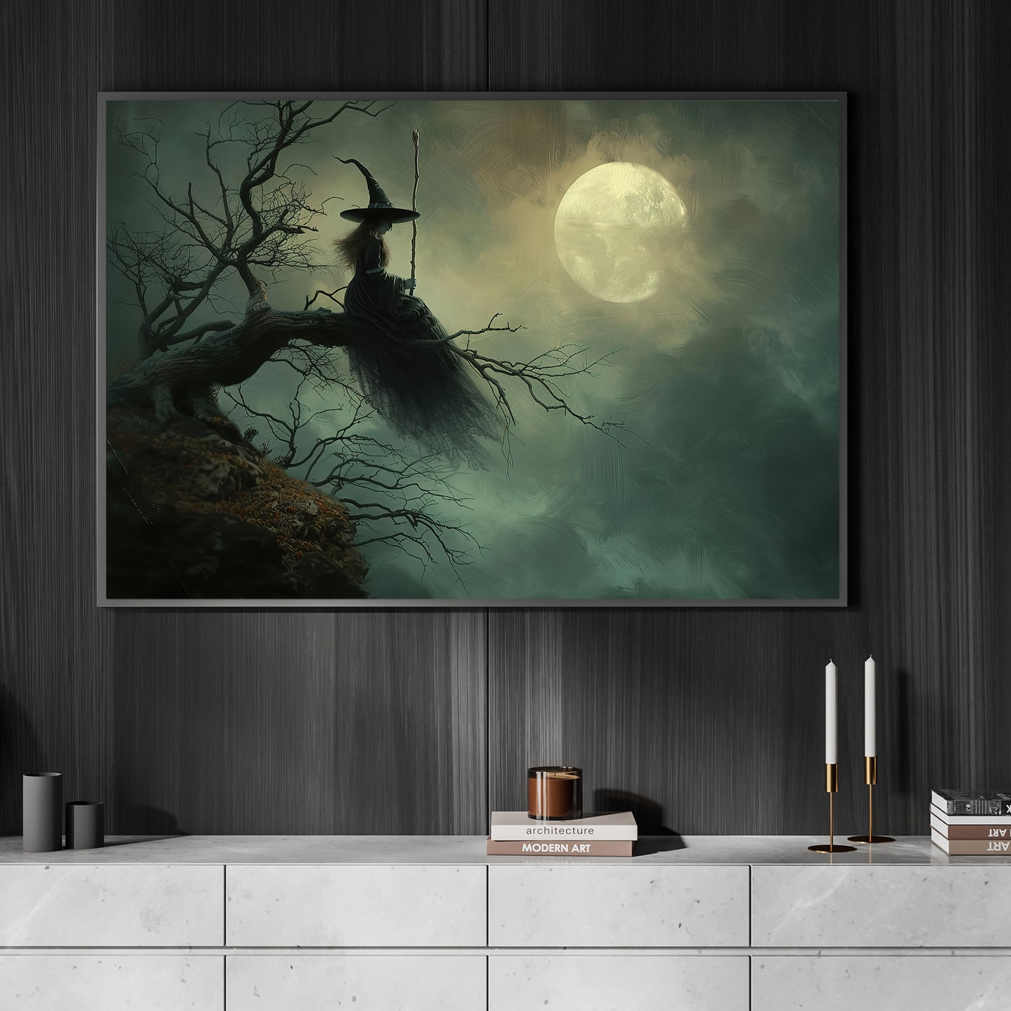 Moonlit Silence, Witch Canvas Painting, Spooky Season Wall Art Decor, Halloween Poster Gift For Witch Lovers