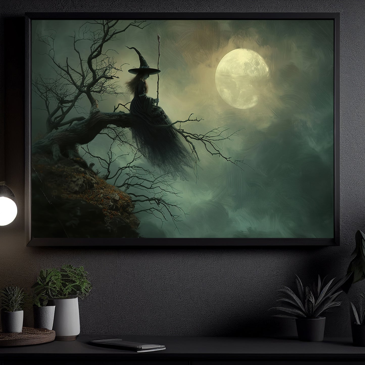 Moonlit Silence, Witch Canvas Painting, Spooky Season Wall Art Decor, Halloween Poster Gift For Witch Lovers