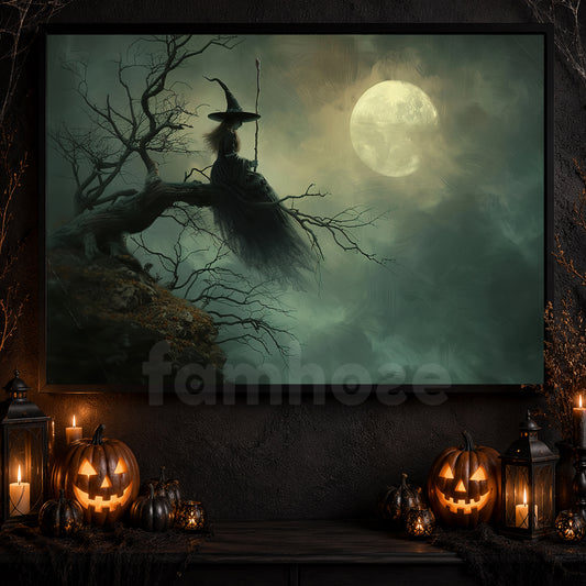 Moonlit Silence, Witch Canvas Painting, Spooky Season Wall Art Decor, Halloween Poster Gift For Witch Lovers