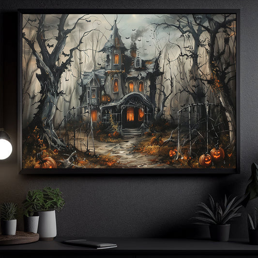 Interesting Halloween Canvas Painting, Haunted House Spooky Season Wall Art Decor, Halloween Poster Gift