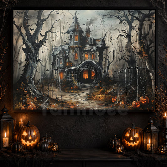 Interesting Halloween Canvas Painting, Haunted House Spooky Season Wall Art Decor, Halloween Poster Gift