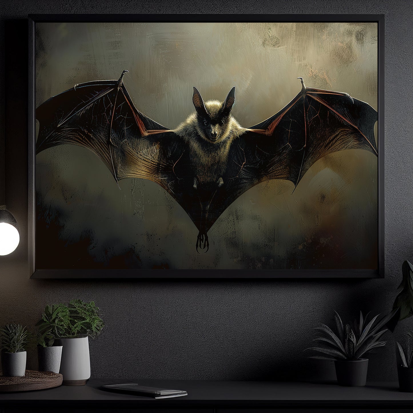 Midnight's Silent Wing, Bat Canvas Painting, Spooky Season Wall Art Decor, Halloween Poster Gift For Bat Lovers