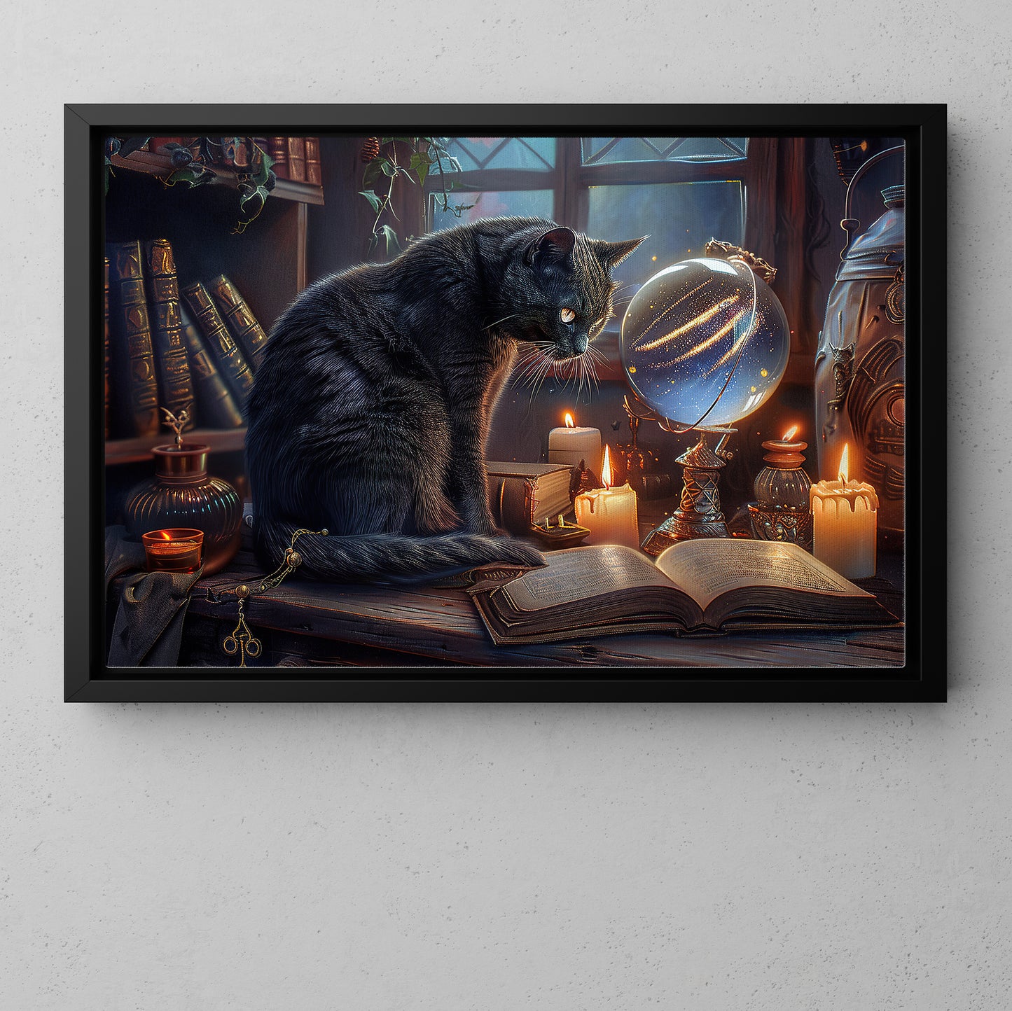 Enchanted Study, Cat Canvas Painting, Spooky Season Wall Art Decor, Halloween Poster Gift For Cat Lovers