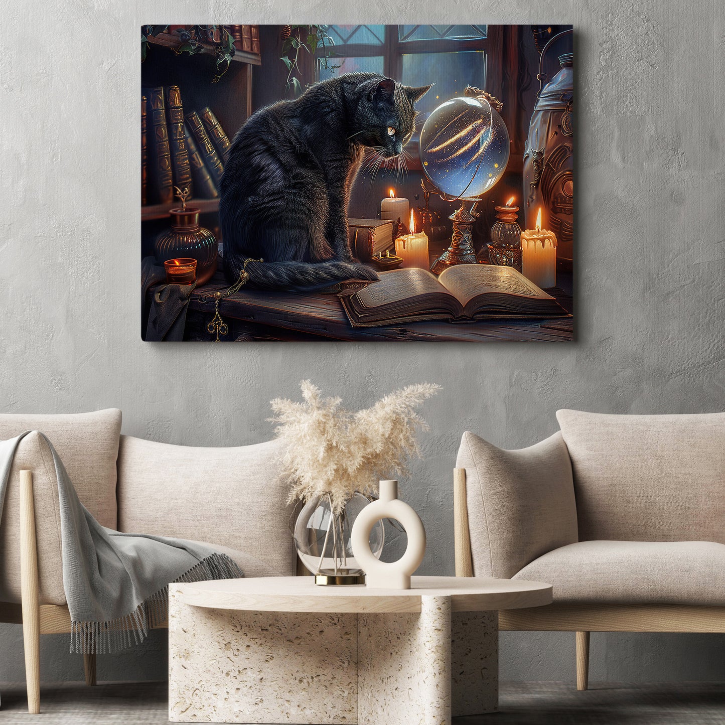 Enchanted Study, Cat Canvas Painting, Spooky Season Wall Art Decor, Halloween Poster Gift For Cat Lovers