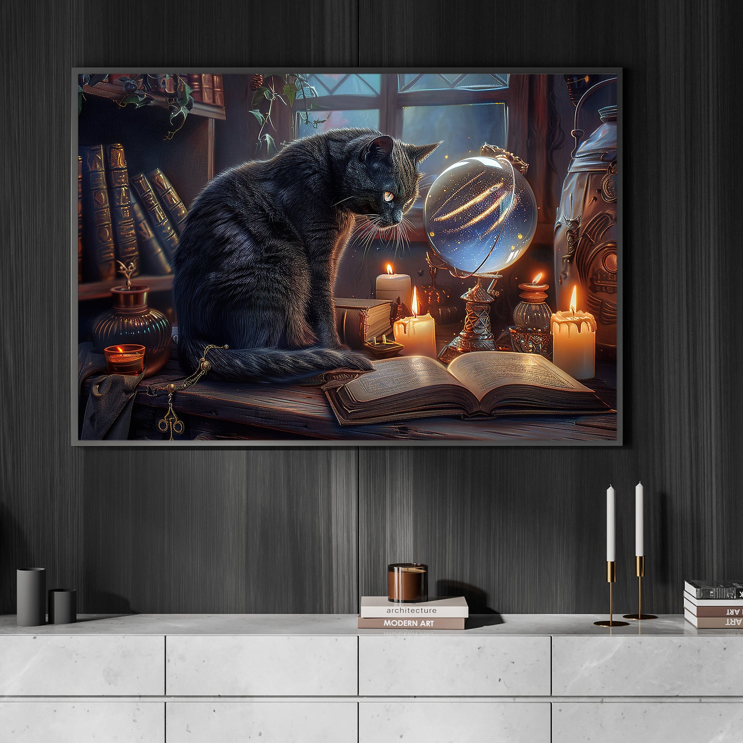 Enchanted Study, Cat Canvas Painting, Spooky Season Wall Art Decor, Halloween Poster Gift For Cat Lovers