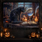 Enchanted Study, Cat Canvas Painting, Spooky Season Wall Art Decor, Halloween Poster Gift For Cat Lovers