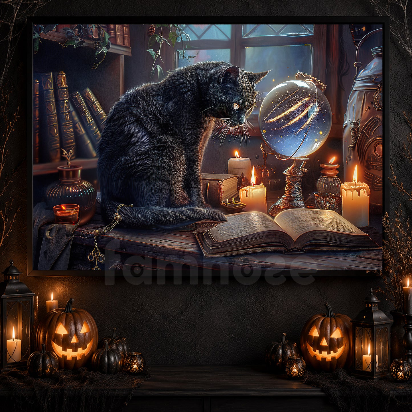 Enchanted Study, Cat Canvas Painting, Spooky Season Wall Art Decor, Halloween Poster Gift For Cat Lovers