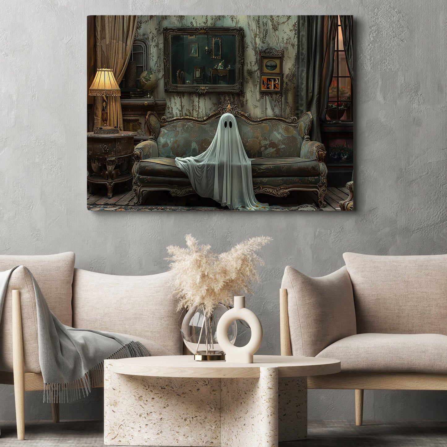 Halloween Ghost Canvas Painting, The Silent Observer Spooky Season Wall Art Decor, Halloween Poster Gift For Ghost Lovers