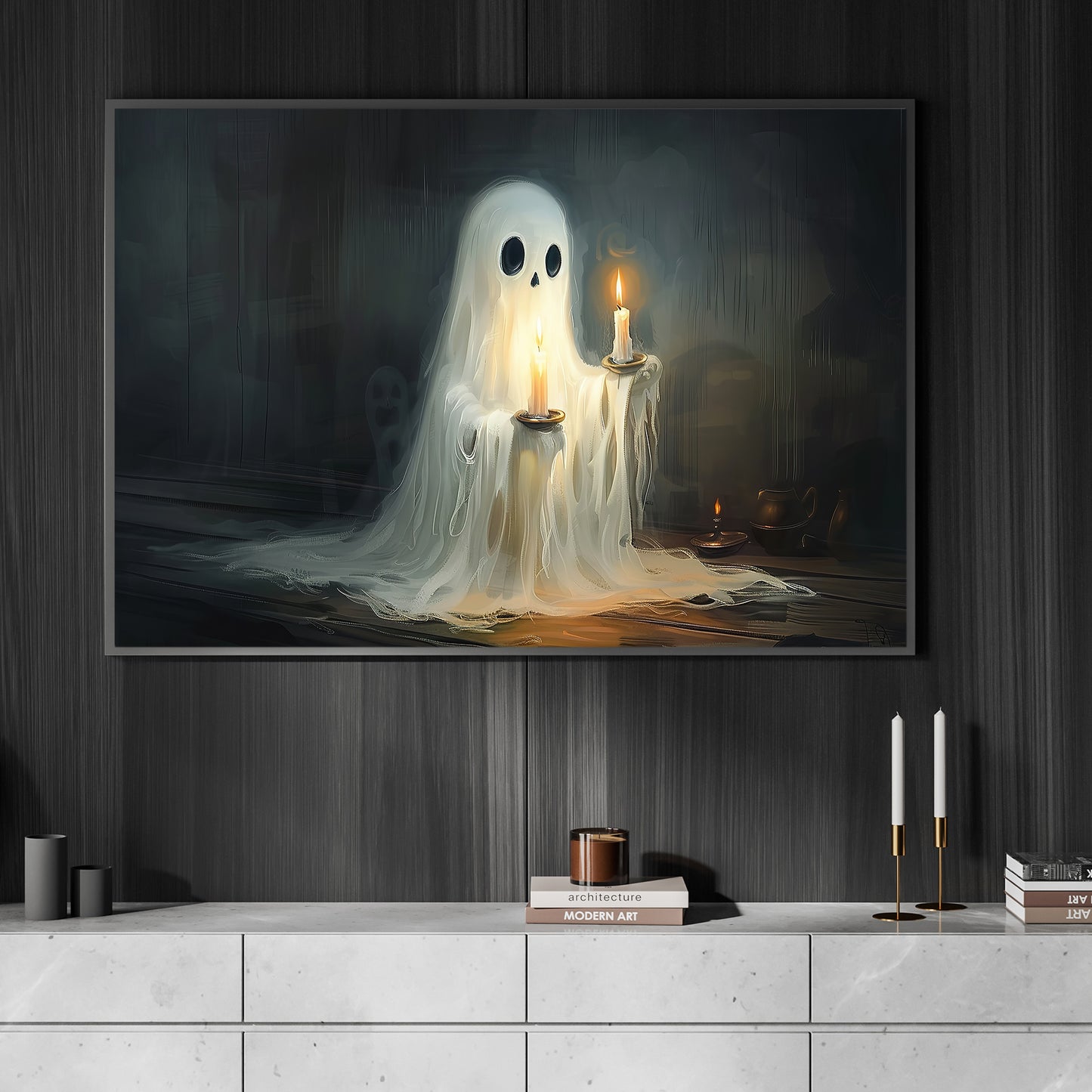 The Ghost's Vigil, Ghost Canvas Painting, Spooky Season Wall Art Decor, Halloween Poster Gift For Ghost Lovers