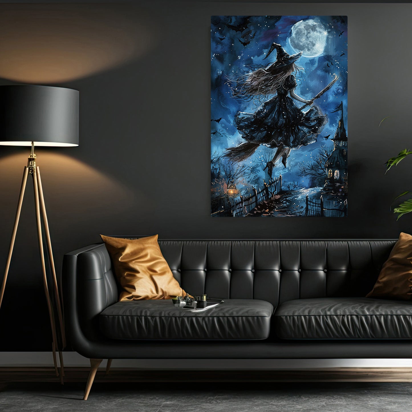 Witch Rides Broom Halloween Canvas Painting, Spooky Season Wall Art Decor, Halloween Poster Gift For Witch Lovers