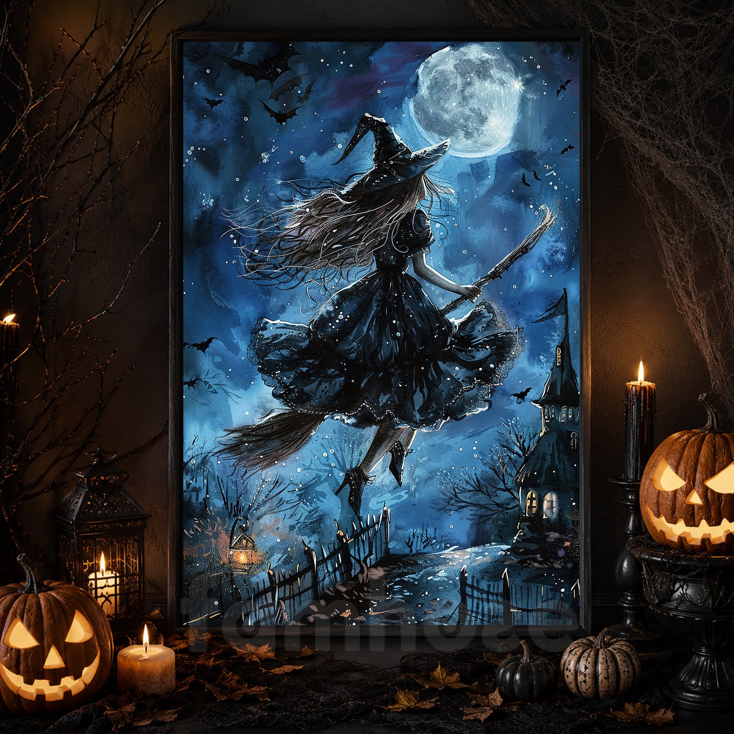 Witch Rides Broom Halloween Canvas Painting, Spooky Season Wall Art Decor, Halloween Poster Gift For Witch Lovers