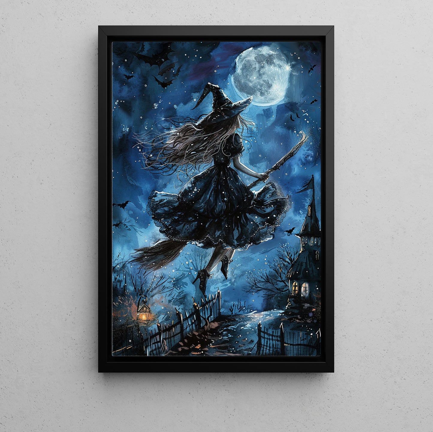 Witch Rides Broom Halloween Canvas Painting, Spooky Season Wall Art Decor, Halloween Poster Gift For Witch Lovers