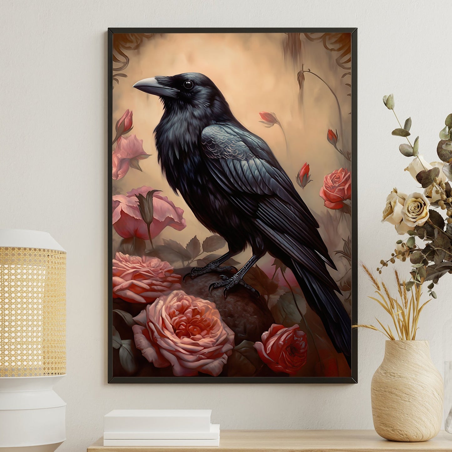 The Raven's Rose Garden, Black Raven Canvas Painting, Wall Art Decor - Poster Gift For Raven Lovers