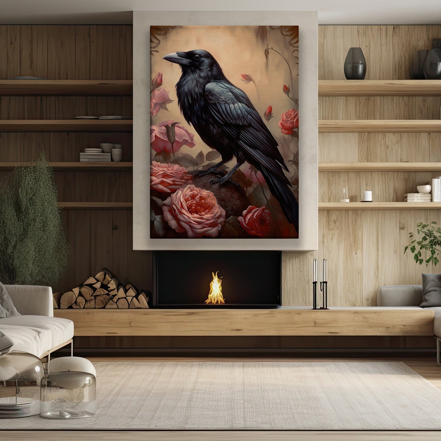 The Raven's Rose Garden, Black Raven Canvas Painting, Wall Art Decor - Poster Gift For Raven Lovers