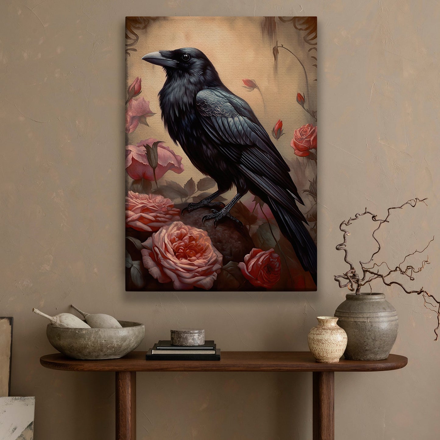 The Raven's Rose Garden, Black Raven Canvas Painting, Wall Art Decor - Poster Gift For Raven Lovers