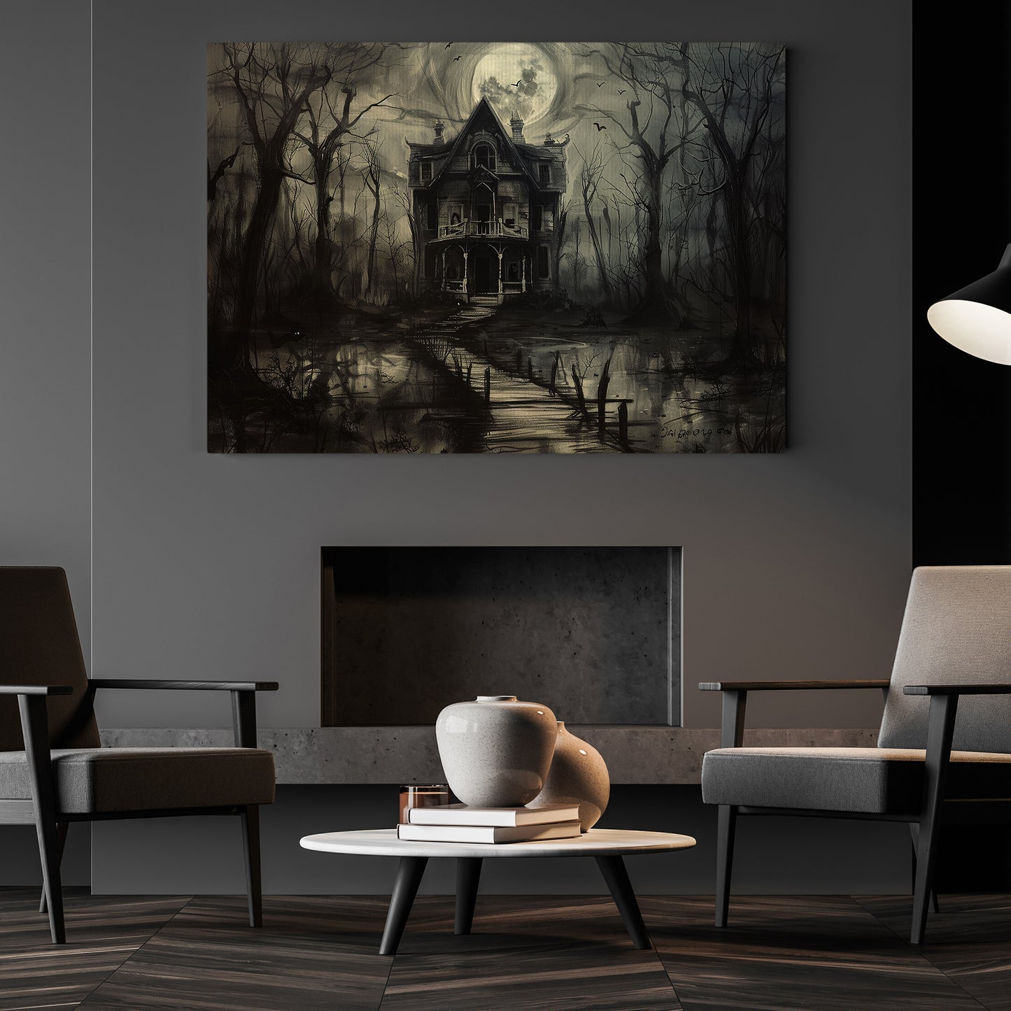 Moonlit Manor, Dark House Canvas Painting, Spooky Season Wall Art Decor, Halloween Poster Gift For House Lovers