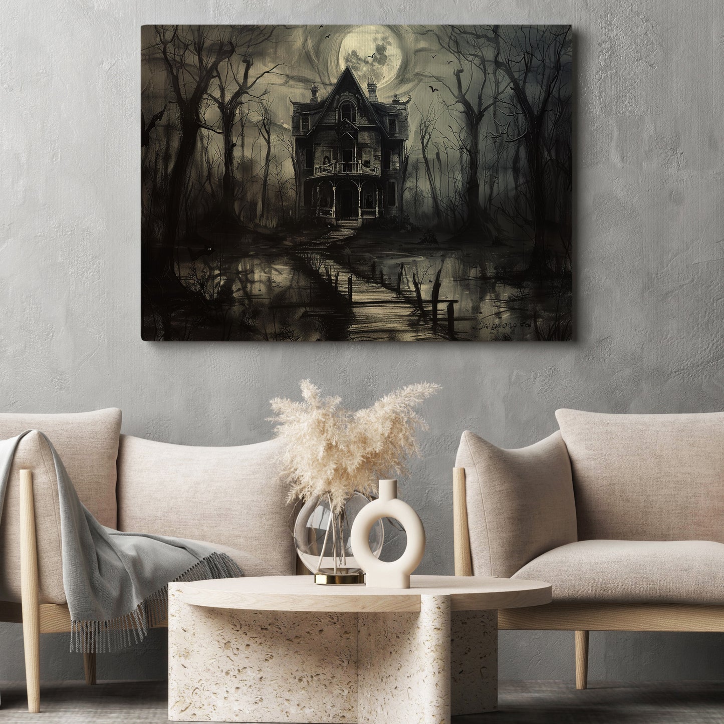 Moonlit Manor, Dark House Canvas Painting, Spooky Season Wall Art Decor, Halloween Poster Gift For House Lovers