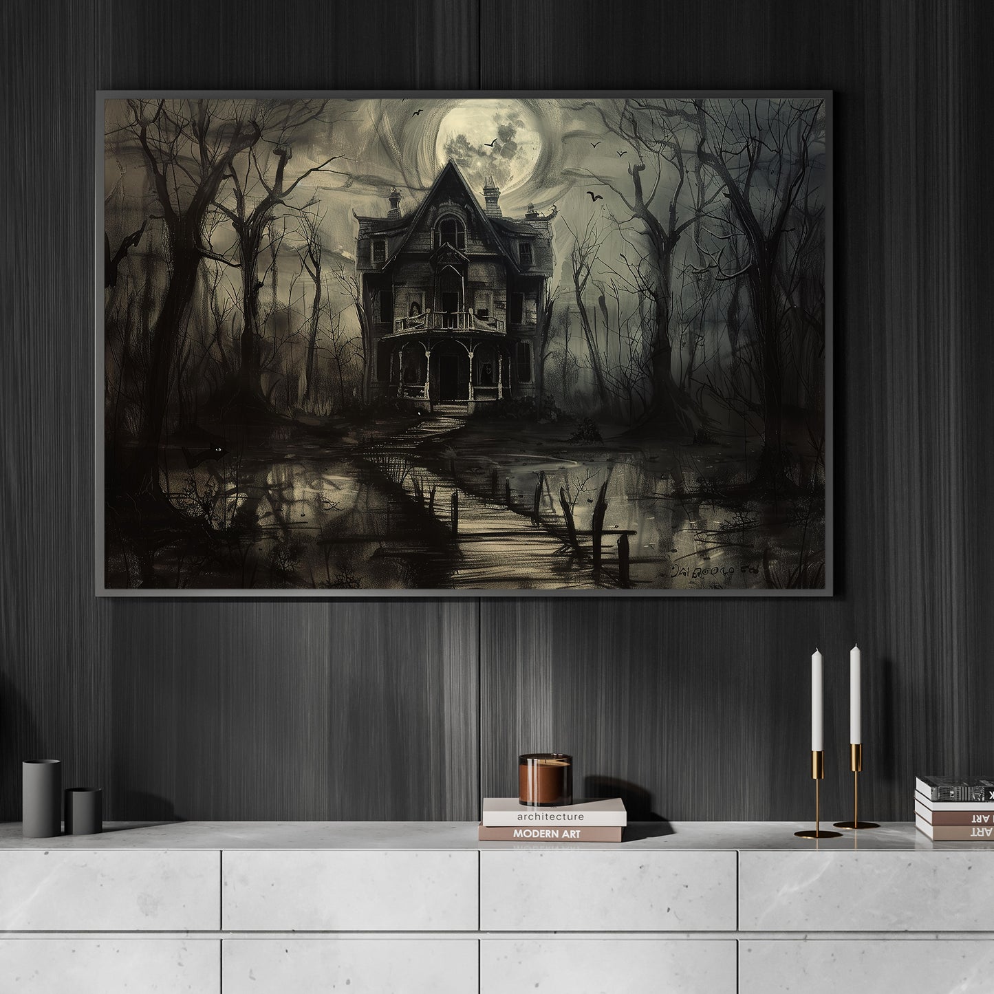 Moonlit Manor, Dark House Canvas Painting, Spooky Season Wall Art Decor, Halloween Poster Gift For House Lovers