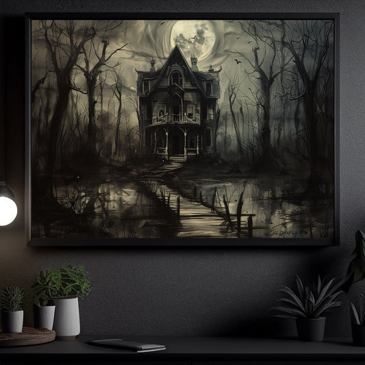 Moonlit Manor, Dark House Canvas Painting, Spooky Season Wall Art Decor, Halloween Poster Gift For House Lovers