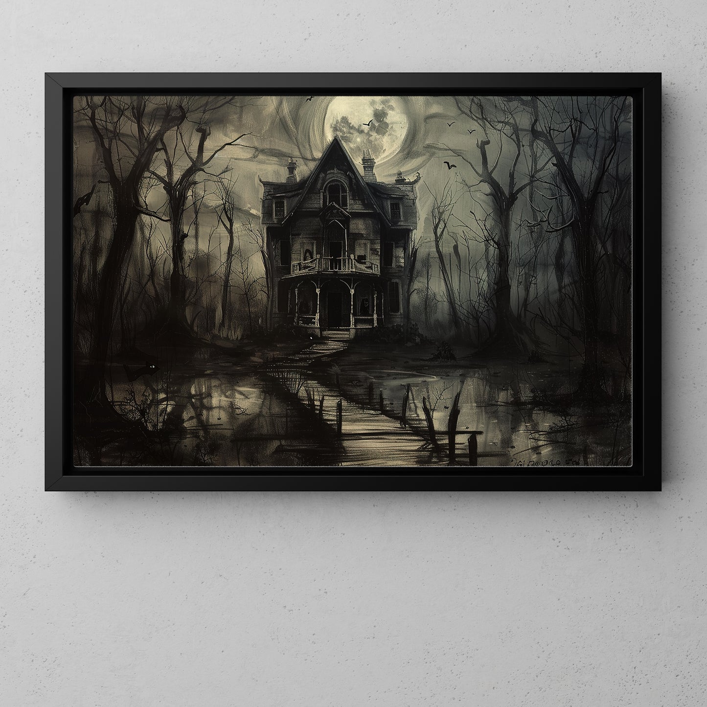 Moonlit Manor, Dark House Canvas Painting, Spooky Season Wall Art Decor, Halloween Poster Gift For House Lovers